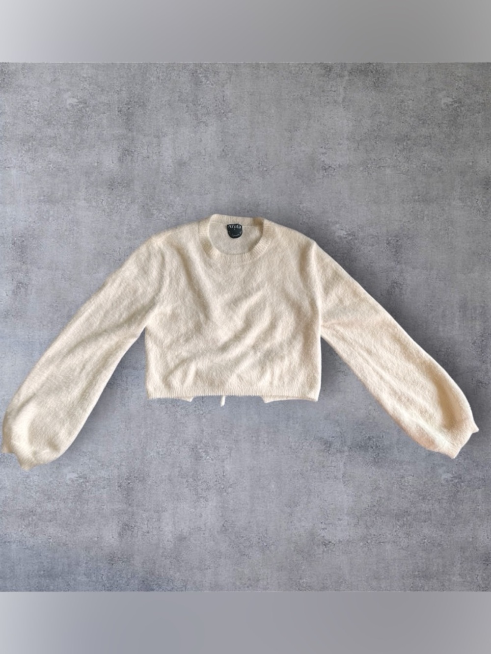 Arula Ivory Fuzzy Cropped Sweater Open Back Tie Balloon Sleeve Size X 10–12/Lg
